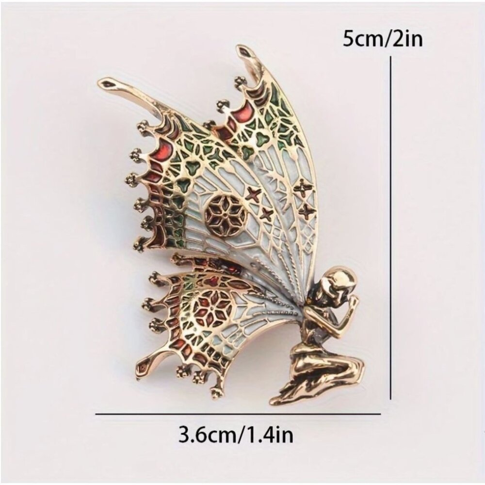 Enamel Stained Glass Wings Fairy Brooch Fold Tone - Picture 2 of 2